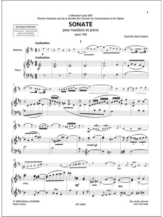Sonate - Hautbois et Piano - SAINT-SAËNS - Partition - Hautbois
